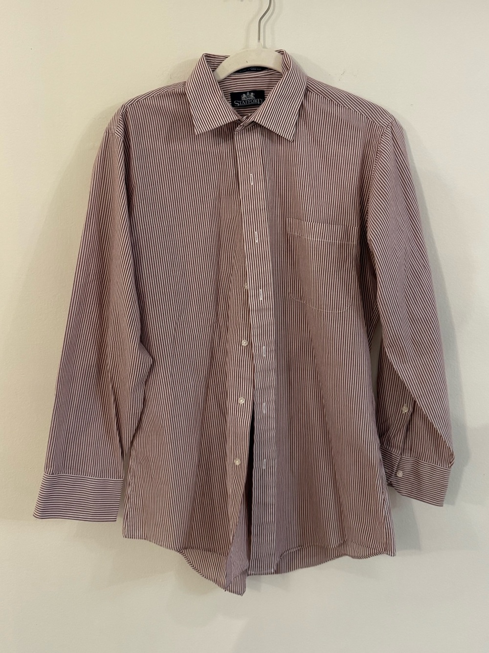 Stafford Men's Burgundy & White Pinstripe Dress Shirt